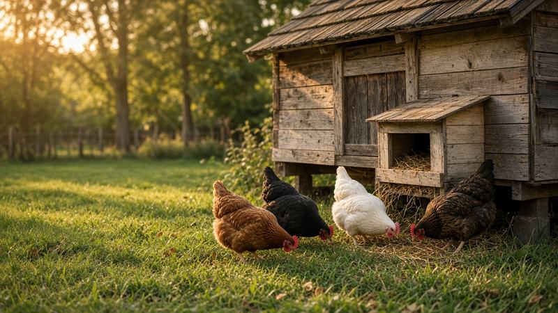 Five hens, brown, black, white and speckled, pecking at straw on the grass beside a weathered wooden coop with a nest box, in low evening sun